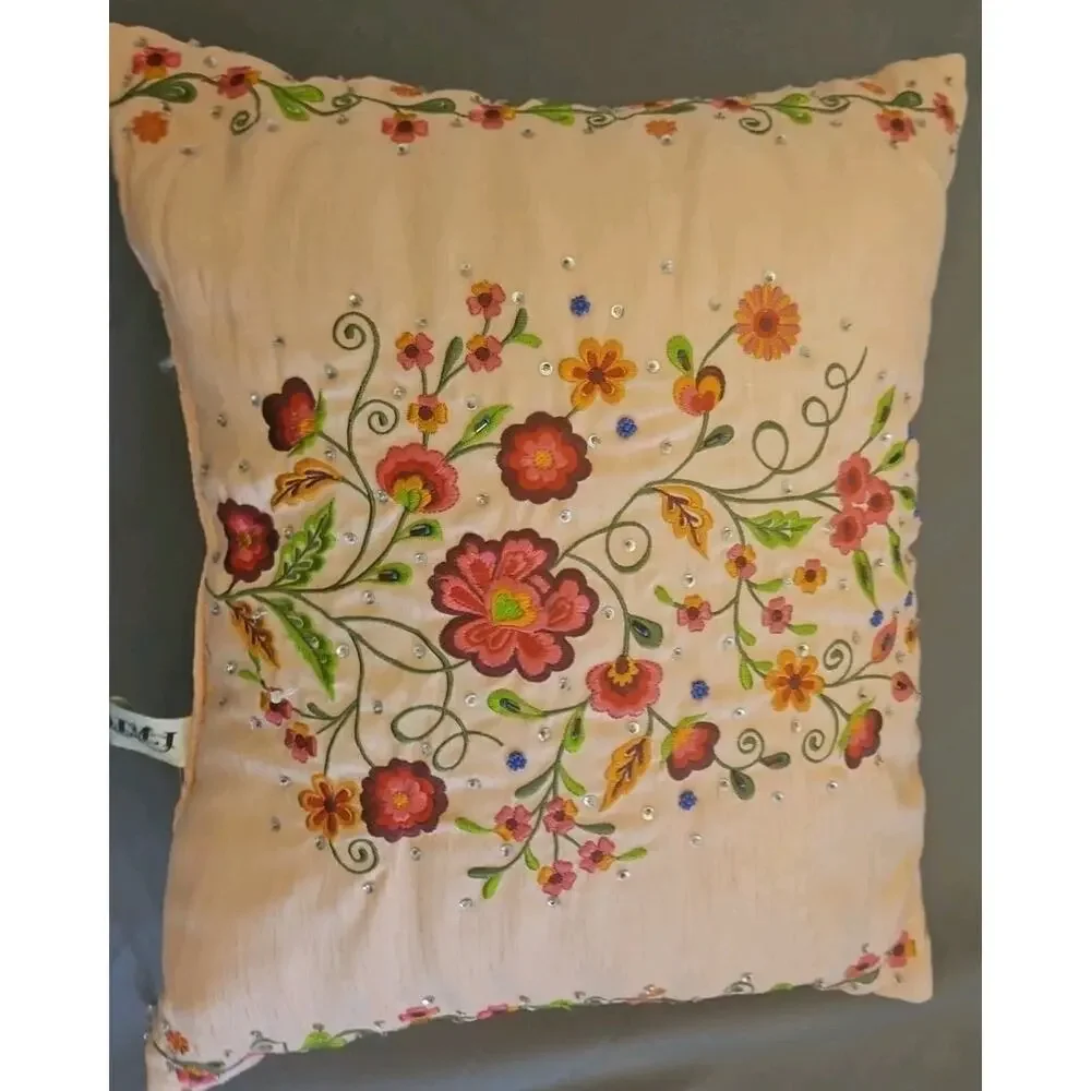 I T R Pillow 14X17 Embroidered and Embellished Flowers Pink Background